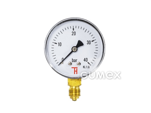 Manometer štandardný so spodným vývodom, priemer 63mm, vonkajší závit G 1/4", 0-40bar, trieda presnosti 1,6%, priezor akryl, púzdro oceľ, -40°C/+60°C